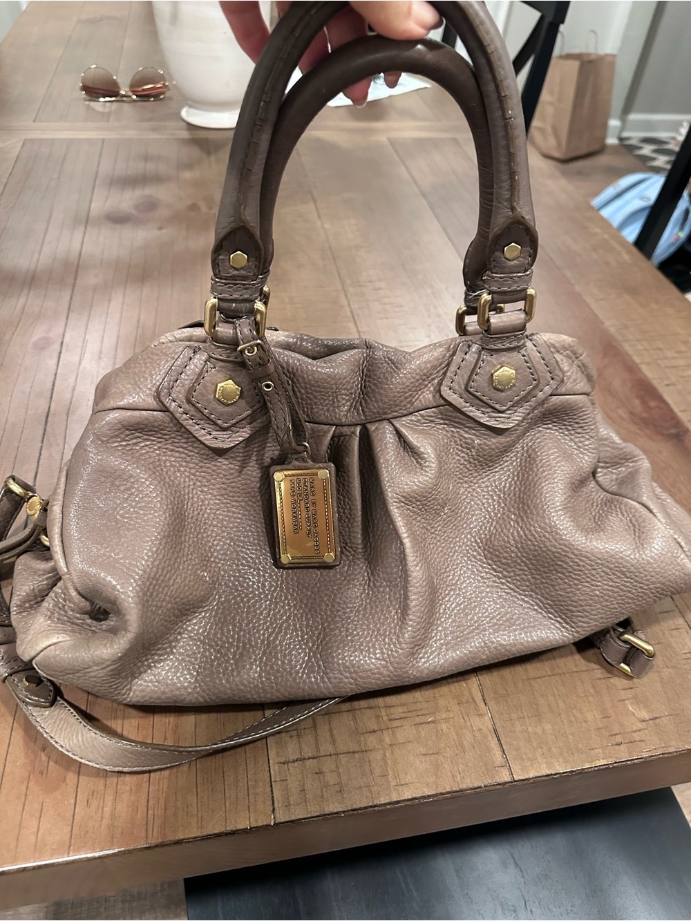 Marc by Marc Jacobs Taupe Leather Pebbled Satchel with Gold Plaque